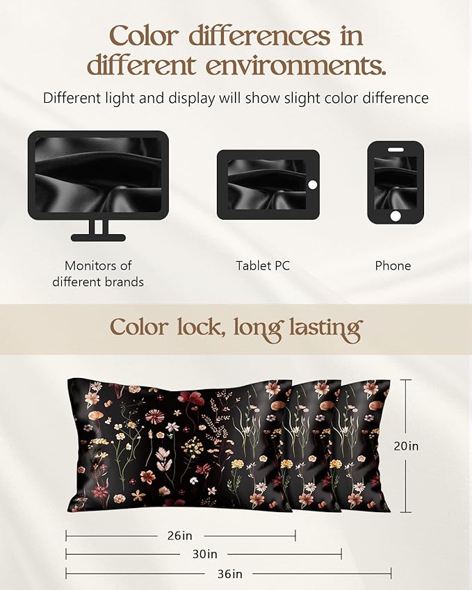 2 Pack Mulberry Silk Pillowcase for Hair and Skin - Standard Size 20 x 26 Inches with Hidden Zipper BK Grow Flower 19 Momme Soft Sleeping Silk Pillow Case for Women, Moms