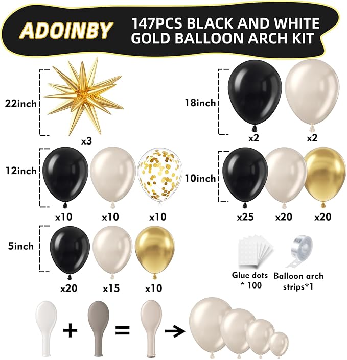 Black Gold White Balloon Arch Kit, Double Stuffed Pearl Sand White Black Chrome - Image 2