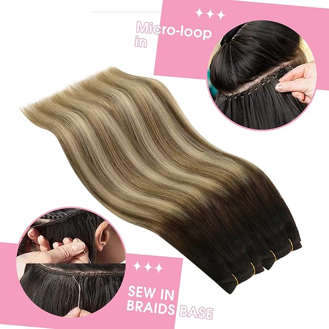 YoungSee Hair Extensions Weft Ombre Sew in Hair Extensions Real Human Hair Brown Balayage Weft Extensions Darkest Roots to Medium Brown with Blonde One Bundle 24Inch 100G