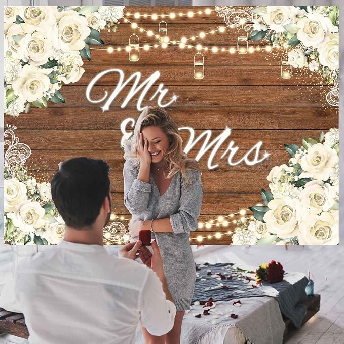 Mr and Mrs Wedding Backdrop for Engagement Party White Floral Rustic Wood - Image 5