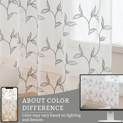 Sheer Curtains Boho Leaf Floral Embroidered Grey 54Wx56L | Light Filtering Semi - Image 7