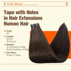 Full Shine Tape in Hair Extensions Human Hair Color 2 Dark Brown 30G Tape Extensions Remy Hair 20Pcs 12Inch Invisible Tape in Extensions No Clips for Daily Wear Seamless Glueless Straight Party