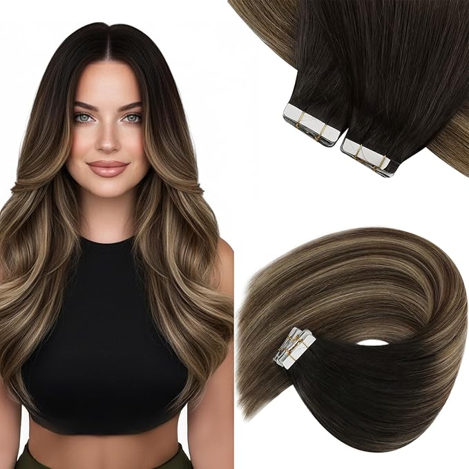 Sunny Hair Tape in Hair Extensions Human Hair, 22 Inch 40Pcs Remy Tape in Extensions Black Balayage Brown Ombre Ash Blonde Hair Extensions Tape in 100g
