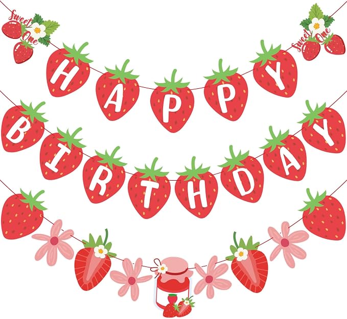 SUNBEAUTY Strawberry Happy Birthday Banner, Berry Sweet Red Fruit Party Hanging by SUNBEAUTY