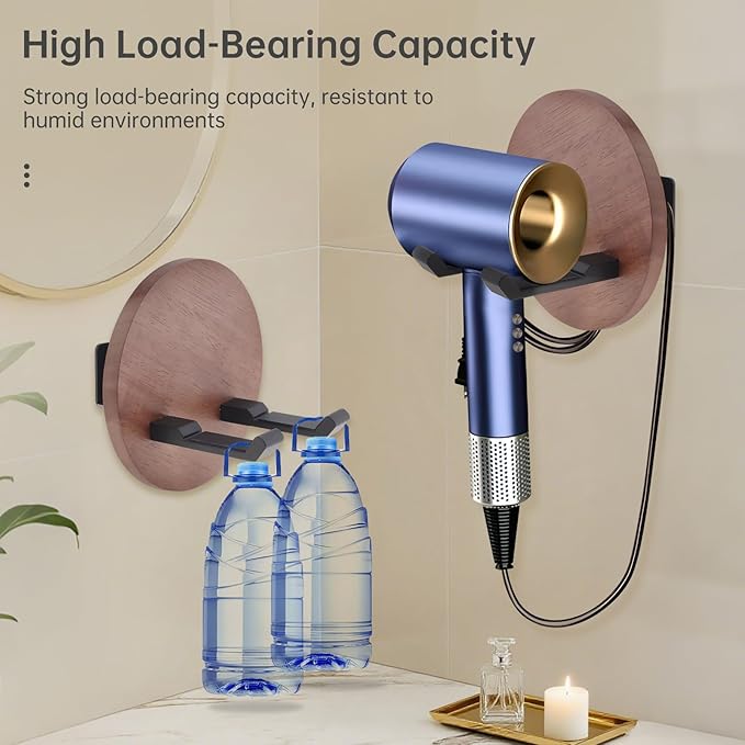 Wall Mounted Hair Dryer Holder, 5.1 Inch Round Shape Walnut Wood Shelf Aluminum Hairdryer Holder,Bathroom Hair Dryer Stand Drill Install (Round Shape Walnut Wood, 1)