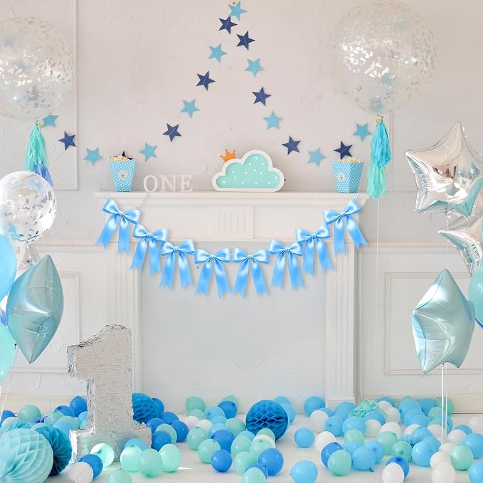 2 Strings of 16PCS Blue Bow Garlands Banner Decoration, Pre-Strung Satin Ribbon - Image 4
