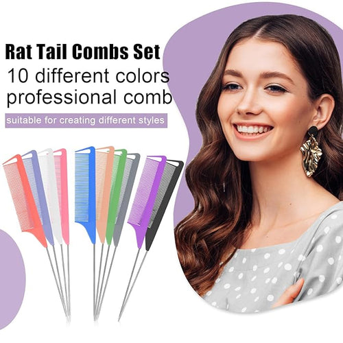 10 PCS Rat Tail Combs Set - Hair Teasing Fine Tooth Comb for Women Girls, Parting Comb for Braiding Hair Styling Tools & Appliances with Stainless Steel Pintail Carbon Fiber Heat Resistant