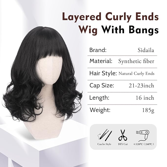 Wig with Bangs for Women | 16 Inch Layered Body Wave Synthetic Wig | Heat Resistant Yaki Fiber Natural Looking Shoulder Length Wigs | Synthetic Wig for Daily Wear - Natural Black