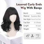 Wig with Bangs for Women | 16 Inch Layered Body Wave Synthetic Wig | Heat Resistant Yaki Fiber Natural Looking Shoulder Length Wigs | Synthetic Wig for Daily Wear - Natural Black