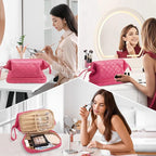 Abiudeng Large Capacity Makeup Bag Ladies Cosmetic Bag Travel Bag with Compartments Portable PU Leather Travel Makeup Bag with Handle
