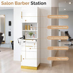 OmySalon Salon Station, Barber Station for Hair Stylist, Beauty Storage Cabinet with Stainless Steel Finish & Drawers & Dryer Holders, Modern Spa Equipment for Barbershop, White