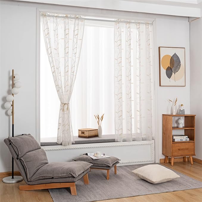 White Sheer Curtains Beige Embroidered Leaves 2 Panels 54Wx72L | Light - Image 4