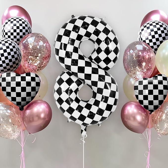 Checkered Number 8 Balloon 40 Inch, Large Foil Black and White Number Balloons - Image 2