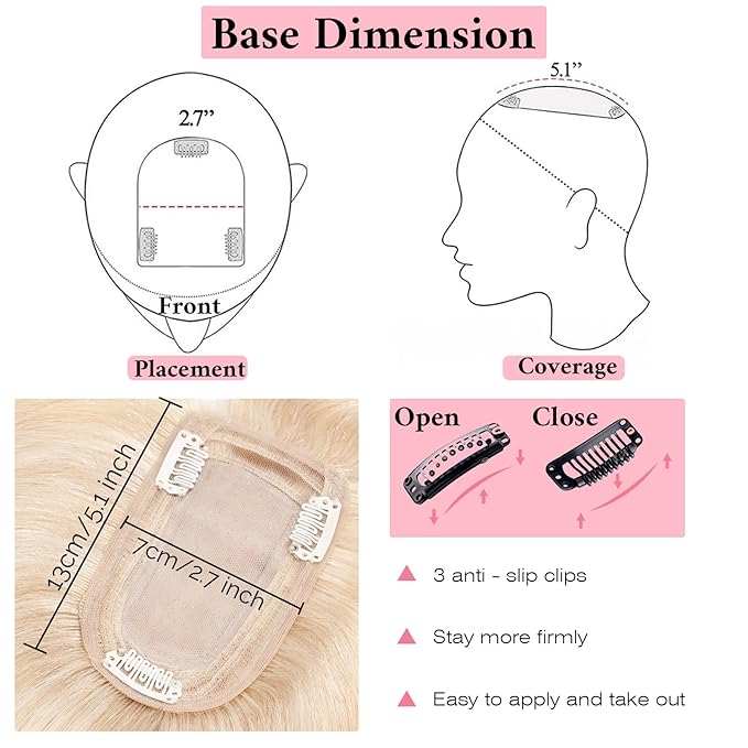 SEGO 100% Real Human Hair Toppers, with Air Bangs, Silk Base 150% Density, Clip in Topper, 2.7”x5.1”, HairPieces for Women, with Thinning/Hair Loss Cover Gray