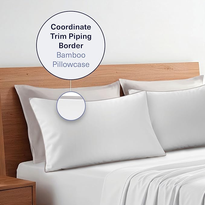 Kickoff Viscose Bamboo Pillowcase, Queen, Set of 2, 100% Organic Hidden Zippered Viscose Bamboo Pillow Case Queen Size, Cooling Pillow Cover for Hot Sleepers (20"x30", Trimmed, Dove Grey)