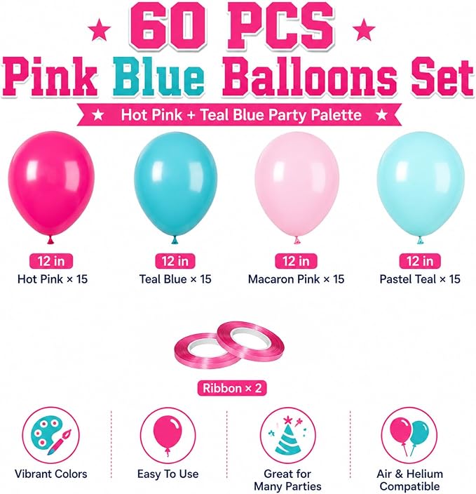 Teal Pink Balloons, Tropical Luau Beach Wedding Bridal Shower Decorations - Image 2