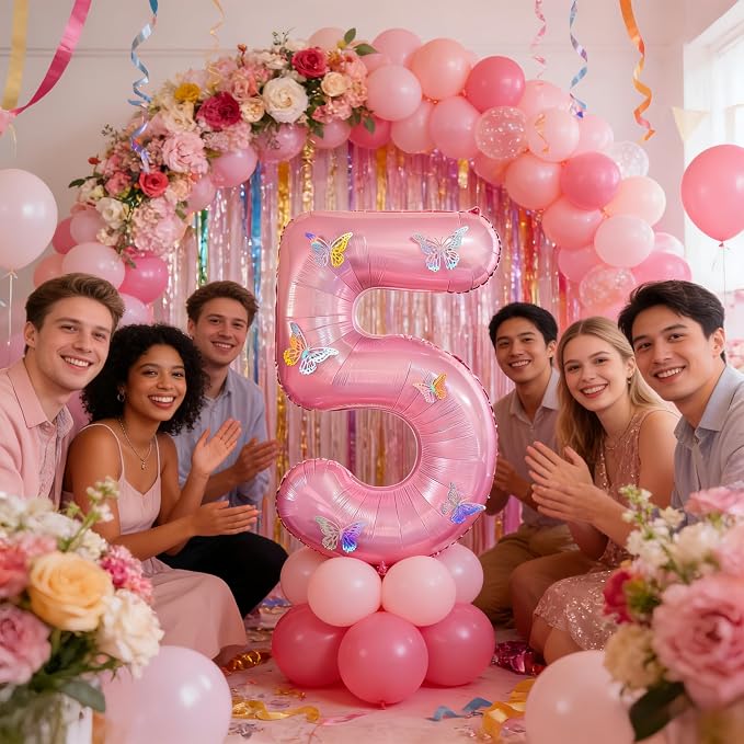 40 Inch Number Balloon Pink Large Mylar Foil Pink Number Balloons and Butterfly - Image 7