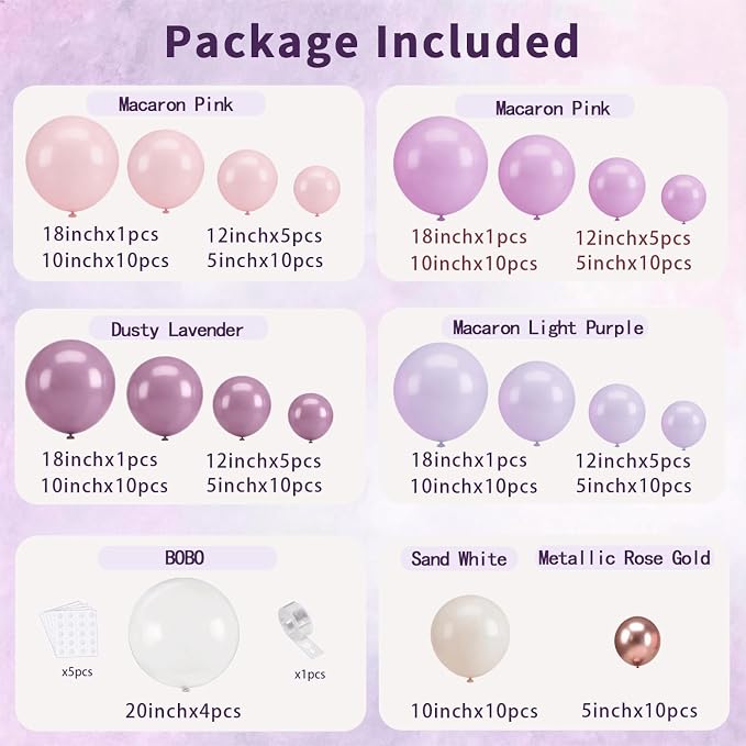 Dusty Purple Balloons Arch Kit, Lavender Gold Pink Clear, Party Decor | 128pcs - Image 2