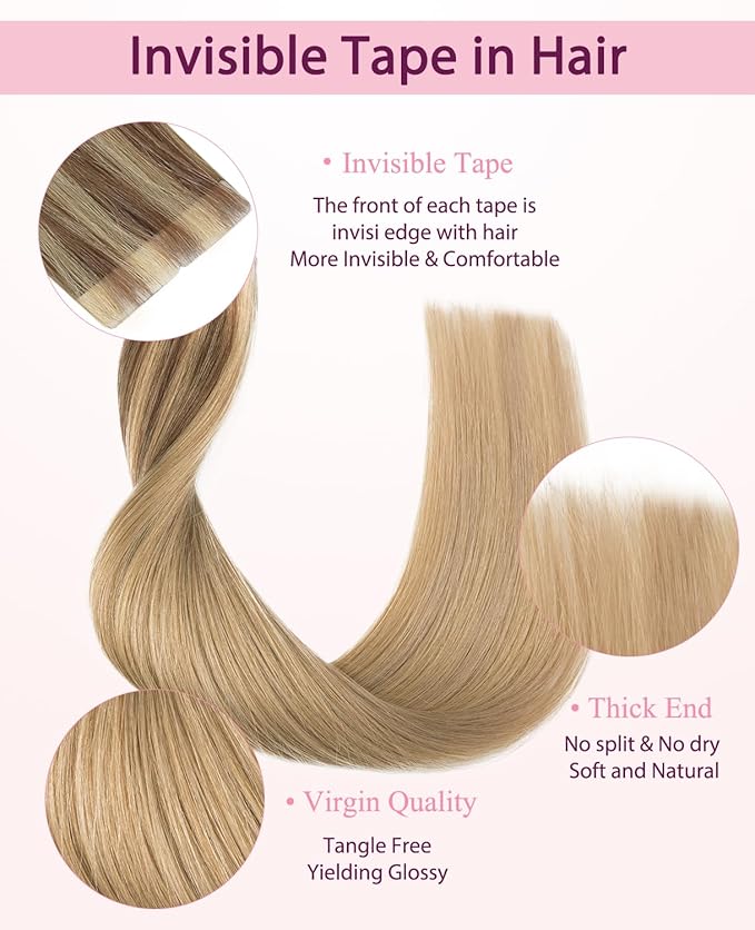 Pinkpearl Invisible Tape in Hair Extensions Human Hair, 20pcs 18inch 50g #10/27/27 Golden Brown to Caramel Blonde Injection Tape in Extensions Real Remy Seamless Human Hair Injected