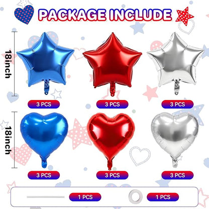 TONIFUL 18 Inch Blue Silver Red Star and Heart Foil Balloons - Image 2