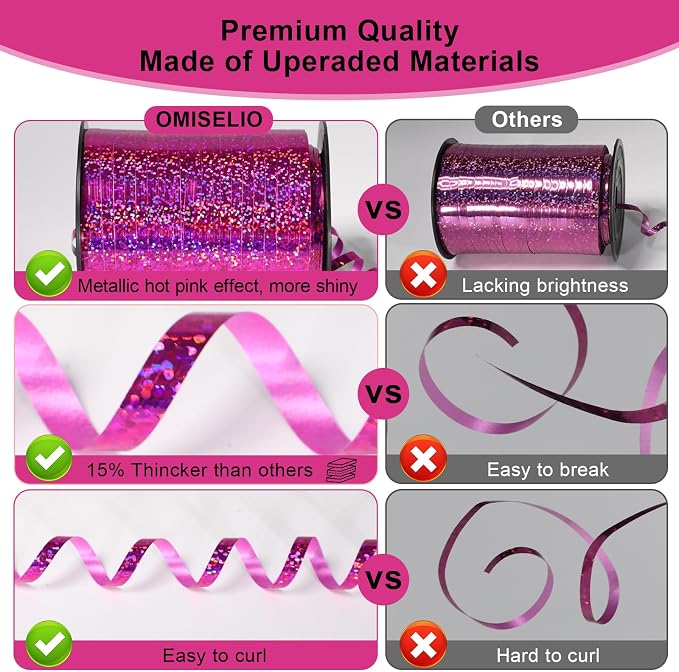 Pink Ribbon, 500 Yard Hot Pink Curling Ribbon, Rose Red Ribbon, Shiny Metallic - Image 4
