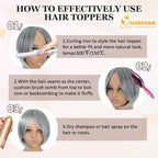 QUEENTAS Silver Hair Topper for Women with Thinning Hair Pieces 6"*6"Large Coverage 360°3D Cover Silver Synthetic Short Bob with 5 Clips in Wiglets(Gray with Black)