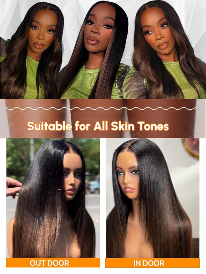 Julia Hair Chestnut Brown Ombre Yaki Straight 7x5 Pre Cut HD Lace Put On and Go Wig Bye Bye Knots Glueless Human Hair Wigs with Invisi Drawstring Pre Plucked Bleached Knots Beginner Friendly 24 Inch