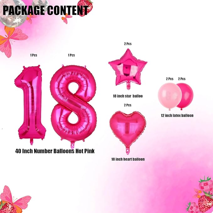 40 Inch Number Balloon Hot Pink 18 Set Pink Theme 18th Birthday Decor 10Pcs | - Image 2