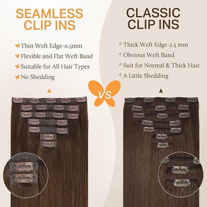 DOORES Seamless Clip-in Hair Extensions, Chocolate Brown 24 Inch 120g 7pcs, Remy Human Hair Natural Straight Invisi Edge Extensions