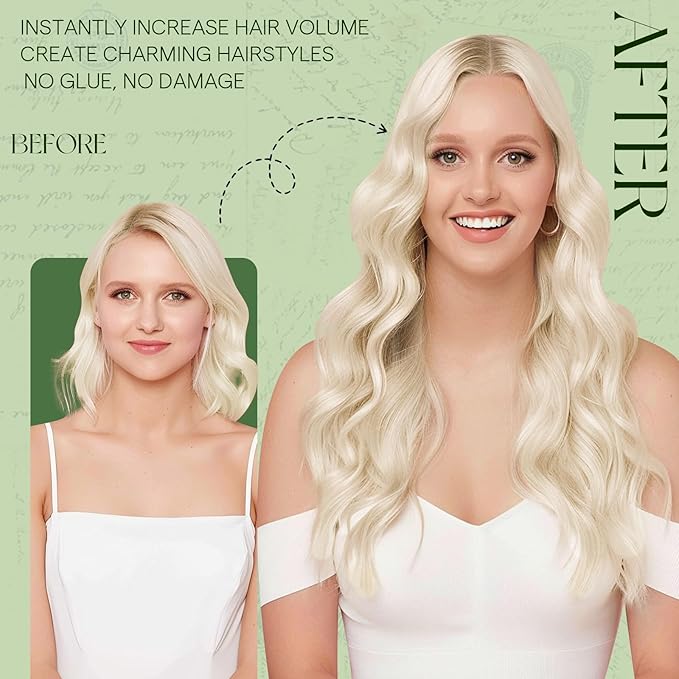 RUNATURE Blonde Human Hair Clip in Extensions, Long Clip in Hair Extensions, Clip on Hair Extensions For Women, Double Weft Remy Natural Hair, Add Hair Length, 20 Inch 120g 7pcs #800 Platinum Blonde