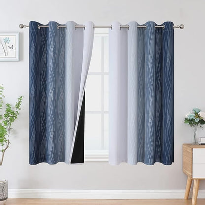 Full Room Darkening Greyish White and Navy Blue Blackout Curtains 45 Inch by ESTELARTEXTILER