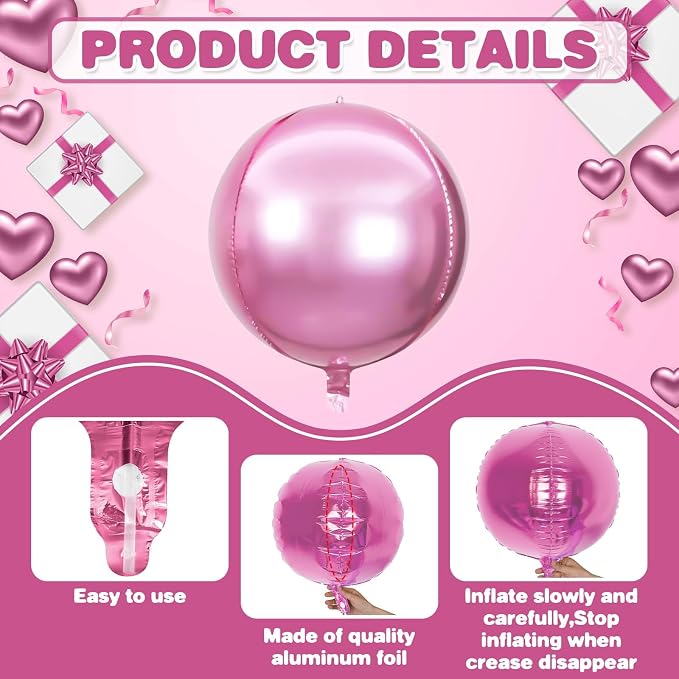 6Pcs Hot Pink and Pink Round Foil Balloons, Giant 4D Round Ball Balloons - Image 8