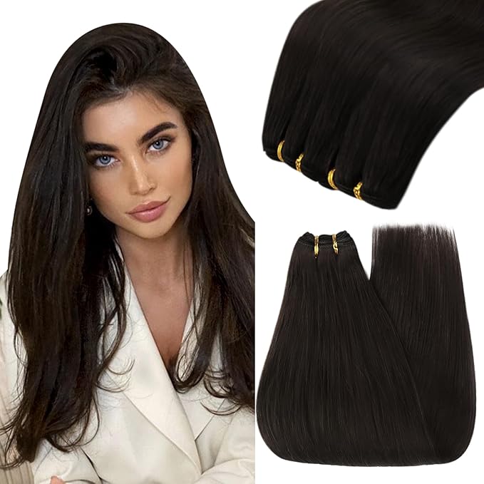 YoungSee Human Hair Sew in Extensions Darkest Brown Hand Tied Weft Hair Extensions Human Hair Dark Brown Sew in Hair Extensions Short Straight Hair 14Inch 70G