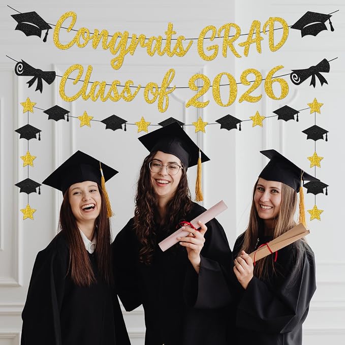 Black and Gold Graduation Banner 2026, Glitter Black and Gold Congrats Grad - Image 2