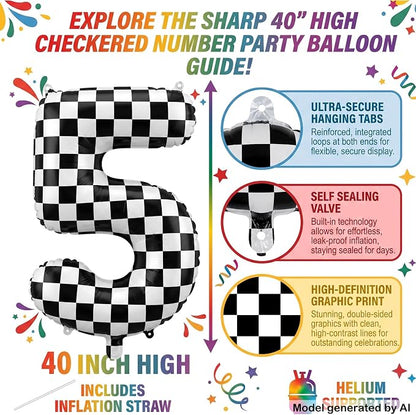 40" Checkered Number 5 Balloon for 5th Race Theme Birthday Party Supplies | 40 - Image 2