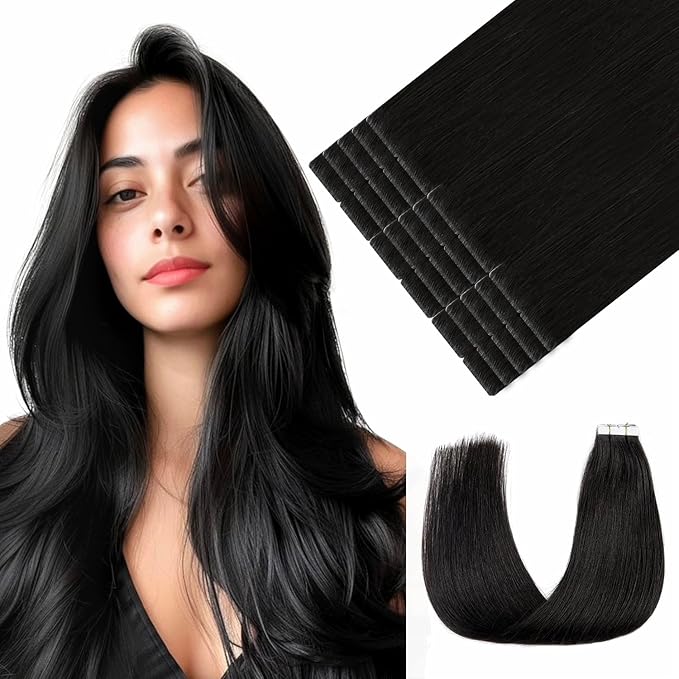 Youngsmile Injection Tape in Hair Extensions Human Hair, #1B Natural Black Invisible Tape in Injected Hair Extensions, 20pcs 30g, 14 Inch Injected Tape Ins Straight Extensiones De Cabello (#1B,14'')