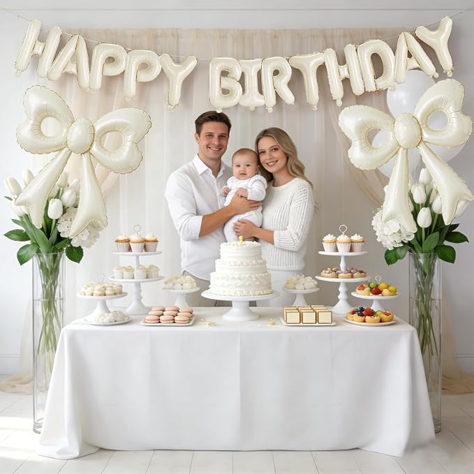 Cream Happy Birthday Balloons, 31”Huge Beige Bow Aluminum Foil Balloon Banner - Image 3