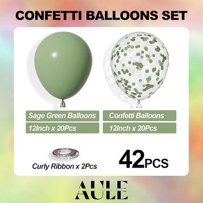AULE 42Pcs Latex 12 Inch Sage Green Confetti Balloons Set | Sage Green Party - Image 3