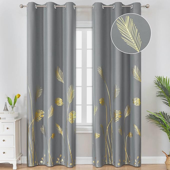 Gold and Grey Blackout Curtains Thermal Insulated 84 Inches Length by ESTELARTEXTILER