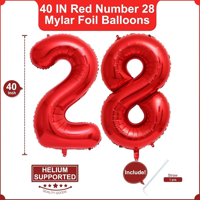 40 Inch Red 28 Balloons Giant Number 28 Balloons Red 28 Birthday Balloons 28th - Image 2