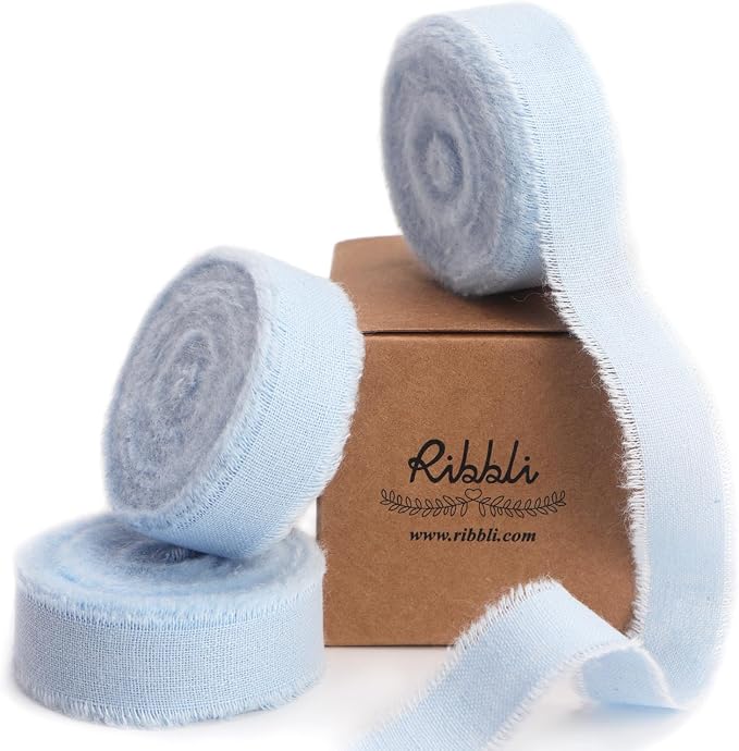 Ribbli 3 Rolls Light Blue Ribbon 5/8 Inch x 18Yards Handmade Cotton Frayed by Ribbli