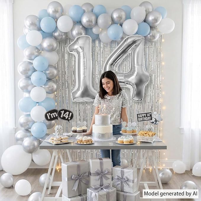 Silver Number 14 Balloon 40 Inch, Stunning Sleek Foil - Image 6