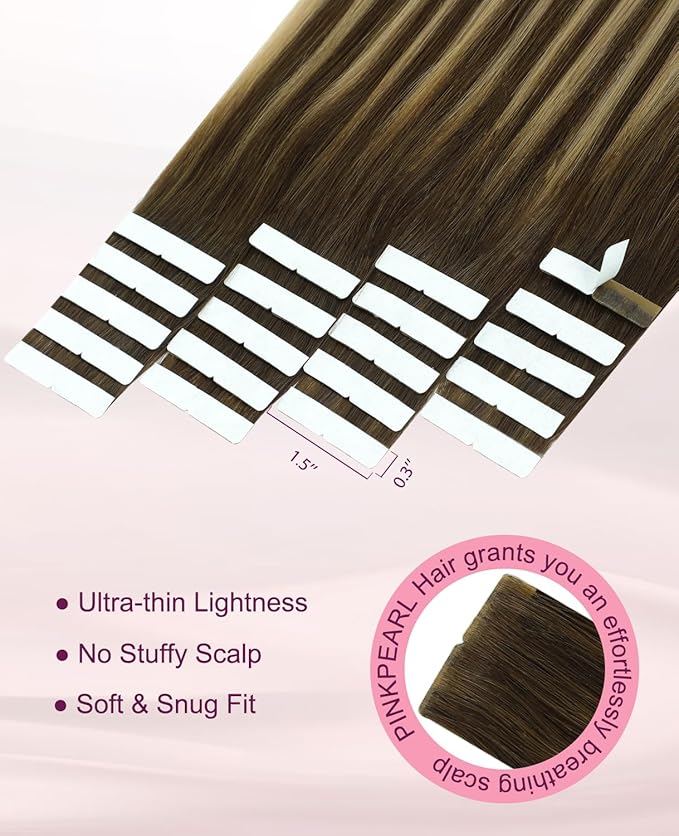 Pinkpearl Invisible Tape in Hair Extensions Human Hair, 20pcs 18inch 50g #4/27/4 Balayage Chocolate Brown to Caramel Blonde Injection Tape in Extensions Real Remy Seamless Human Hair Injected