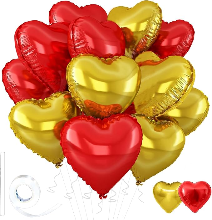 Gold-Red Heart Balloons, 18inch Gold Heart Shaped Foil Balloons & Red Foil by Wuhetyo