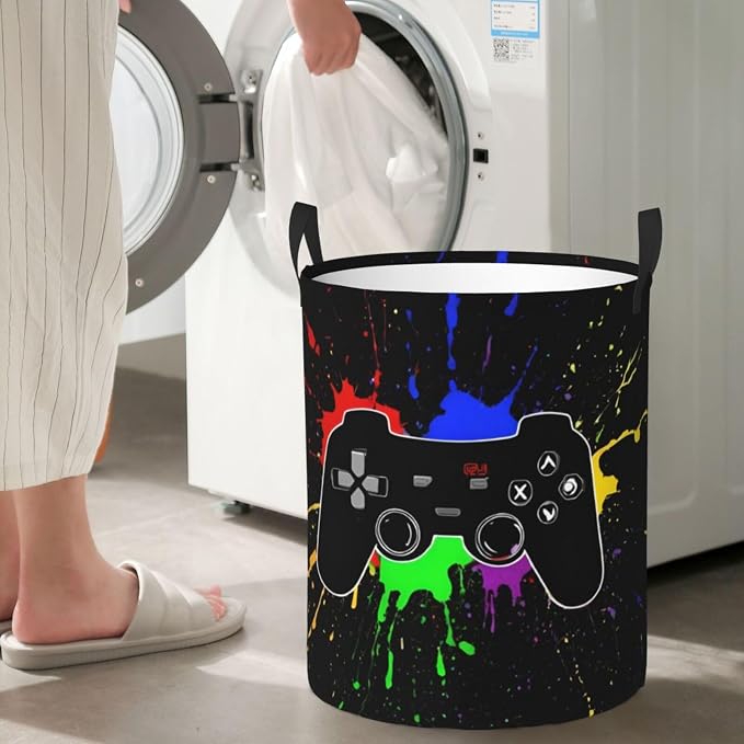 Gaming Theme Round Laundry Hamper Game Joystick Storage Basket Toys Clothes - Image 6