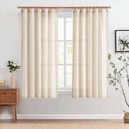 jinchan Floral Linen Curtains Embroidered Back Tab 50x63in 2 Panels Ivory | - Image 3