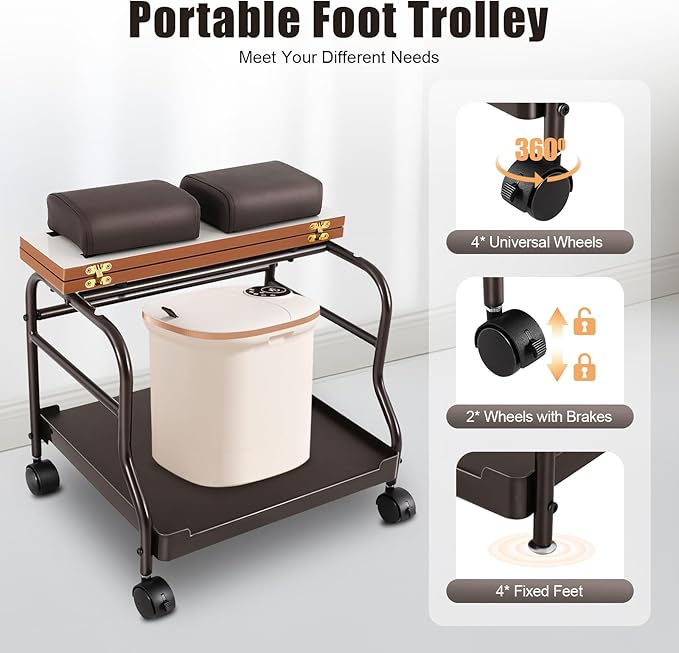 Beauty Salon Nail or Foot Bath Spa, 2Tier Portable Esthetician Trolley Cart Pedicure Manicure Funiture Massage Table Salon Supplies with 4 Wheels for Foot Rest, Hair Salons, Home (Coffee)