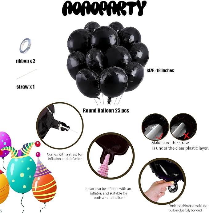 25Pcs Black Round Shaped Foil Balloons 18 Inch Mylar Balloon | Helium - Image 6