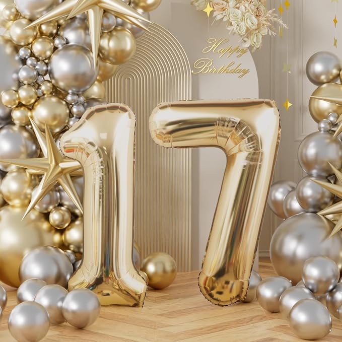 AULE 40 Inch Light Gold 17 Balloon Number Foil 0-9 Birthday Big Numbers | - Image 2