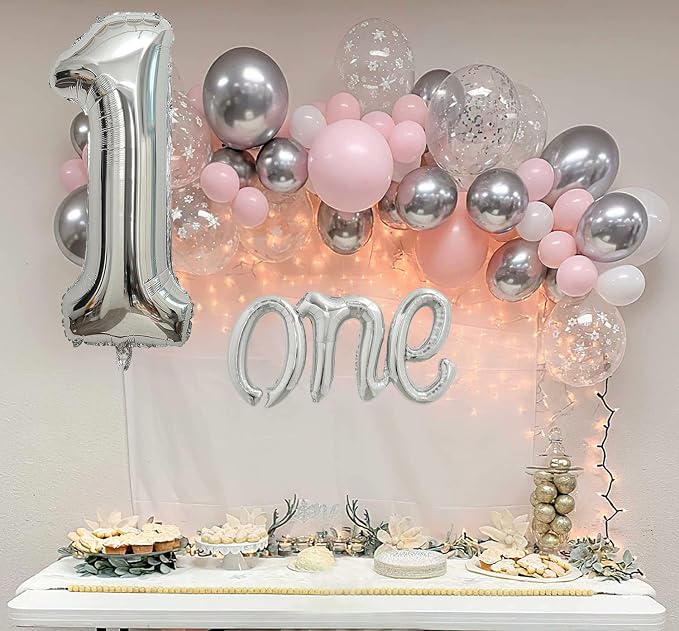 2Pcs Silver Foil 40" Number 1 and 26" Script Letter One Balloon Set | Large - Image 4
